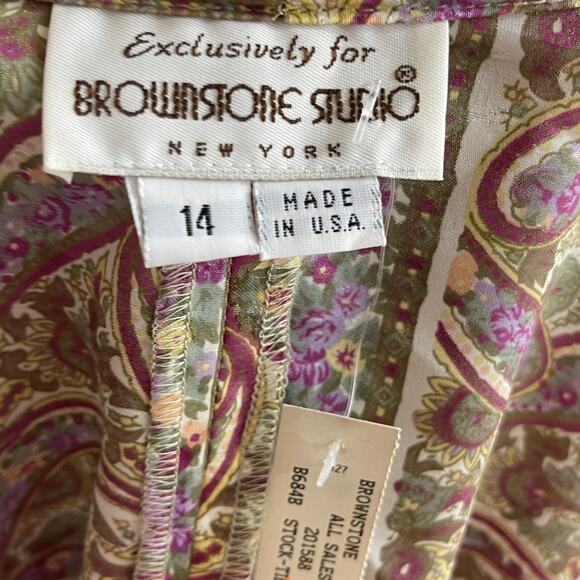 90s BROWNSTONE STUDIO Vintage Green Purple Paisley Bow Neck Blouse - Picture 4 of 12